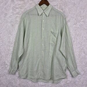 MINE Mens L 100% Linen Striped Long Sleeve Button Up Shirt Pistachio Green